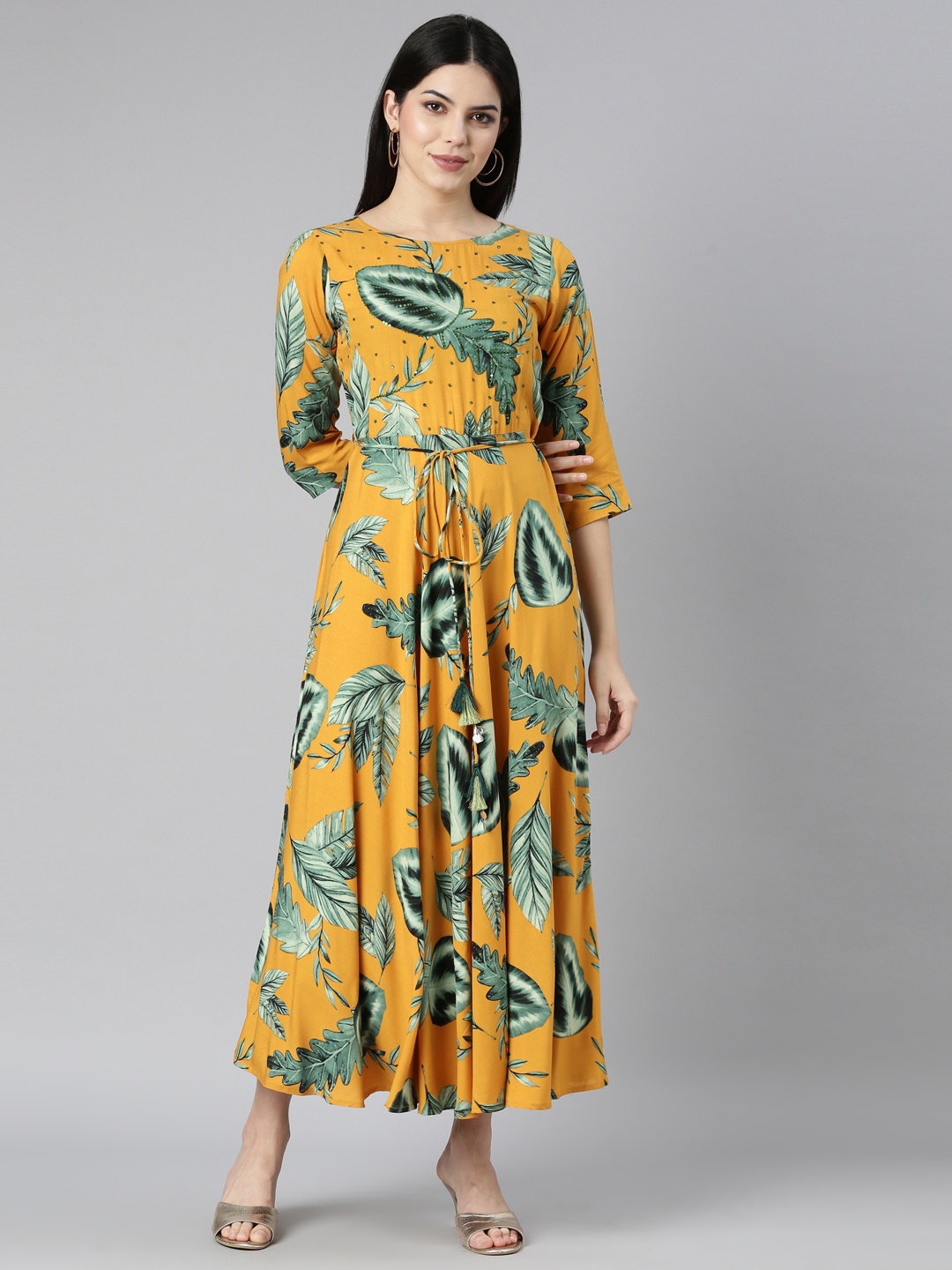

Neerus Floral Print Round Neck Satin Maxi Dress, Yellow