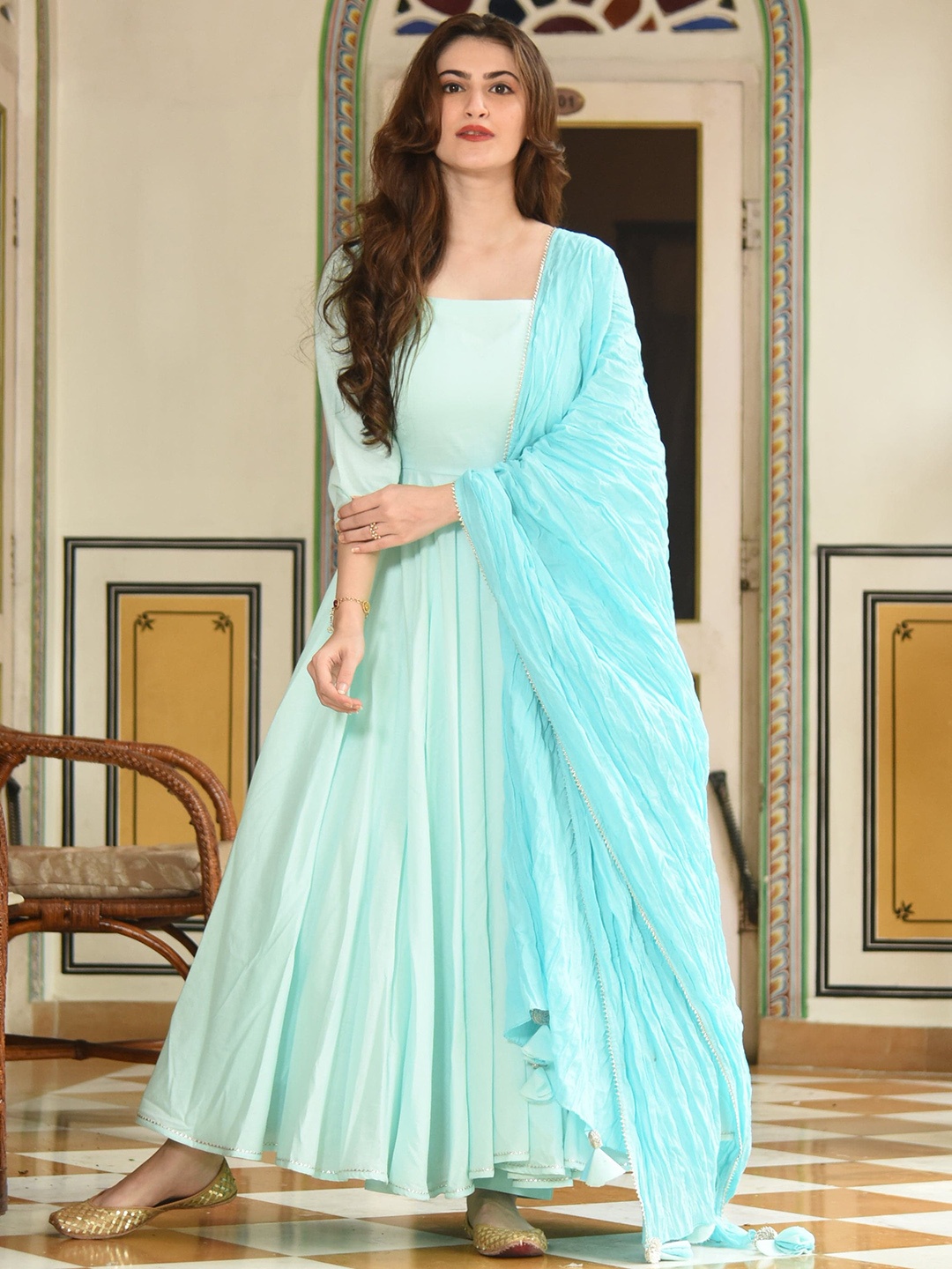 

Anouk Blue Empire Gotta Patti Round Neck Pure Cotton Kurta With Trousers & Dupatta