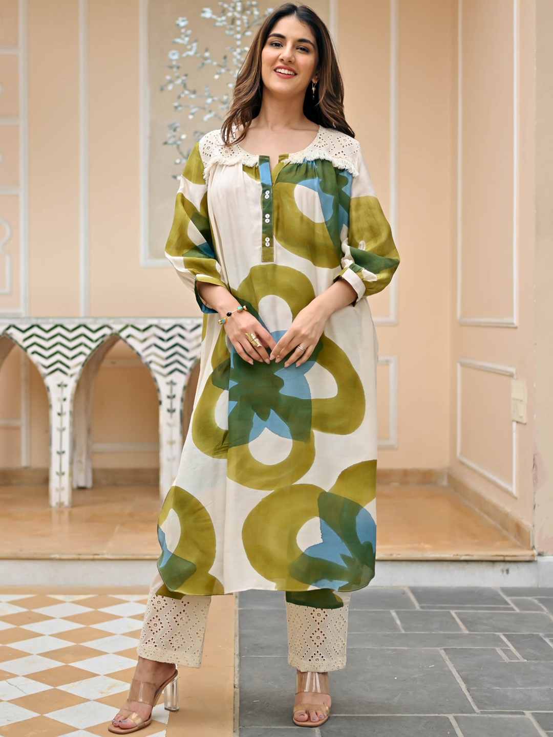 

Anouk Mirage Abstract Printed Regular A-Line Kurta with Trousers, Beige