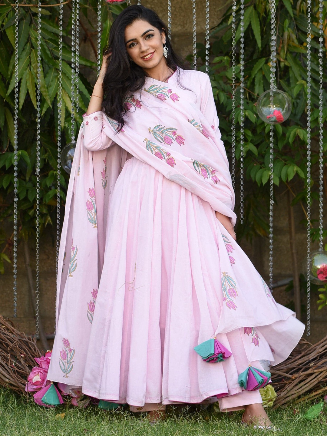 

Anouk Empire Gotta Patti Pure Cotton Anarkali Kurta with Trousers & Dupatta, Pink