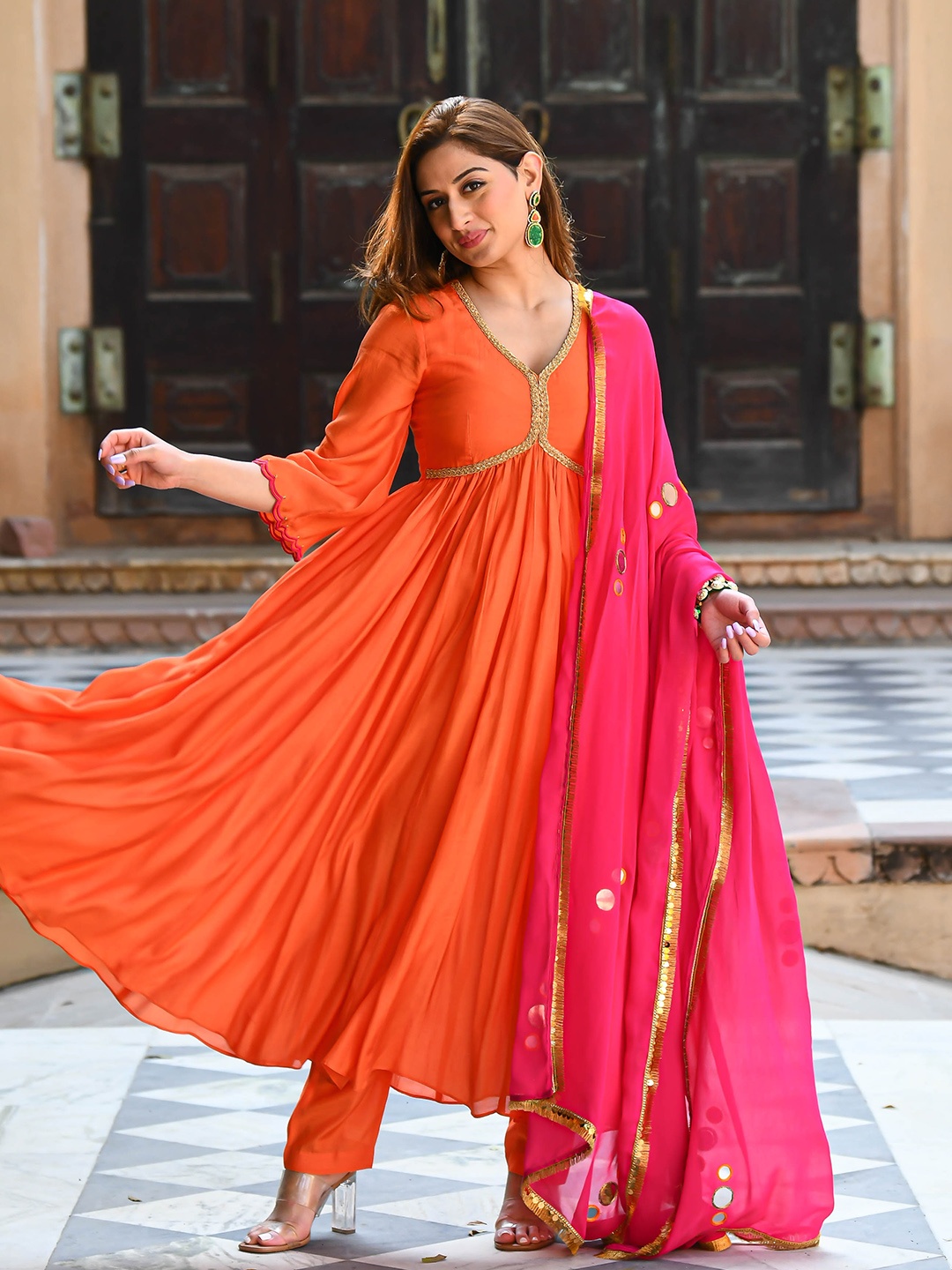 

Anouk Mirage Pink Yoke Design V-Neck Anarkali Empire Kurta With Trousers & Dupatta