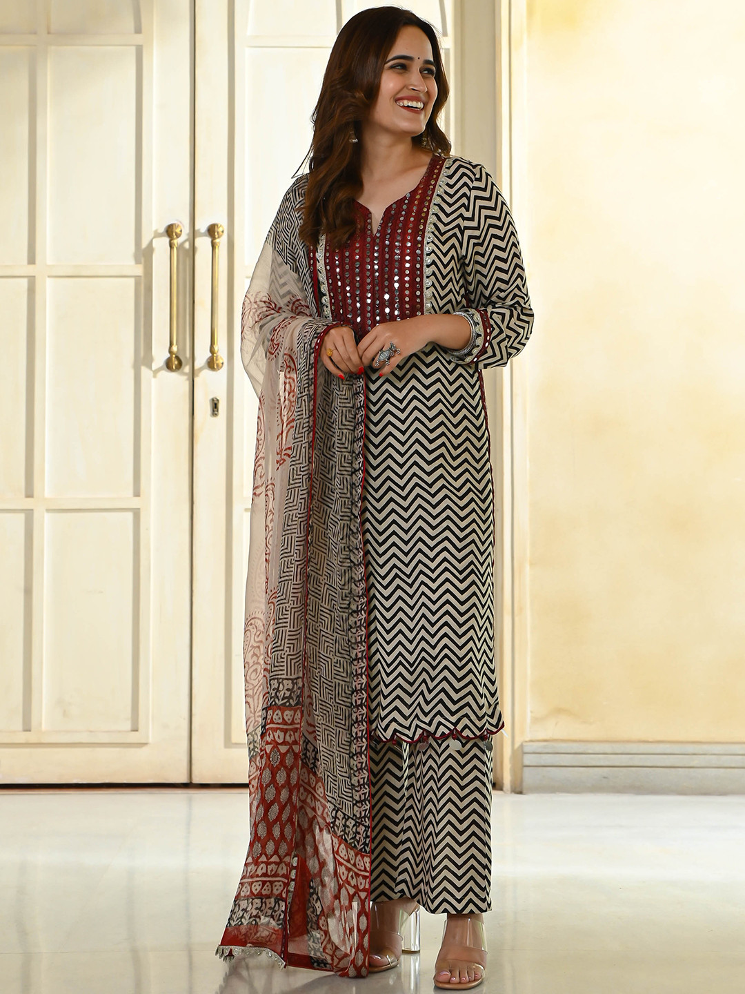 

Anouk Mirage Chevron Printed Notched Neck Regular Mirror Work Kurta with Trousers & Dupatta, Beige