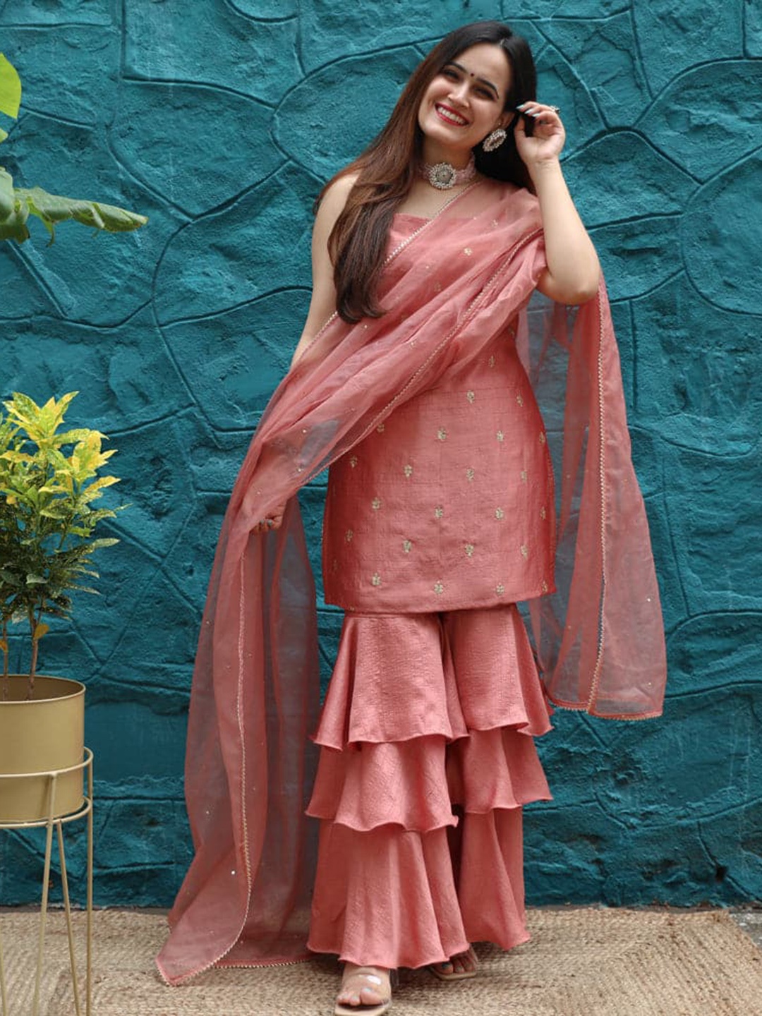 

Anouk Mirage Embroidered Regular Thread Work Shoulder Straps Kurta with Sharara & Dupatta, Mauve