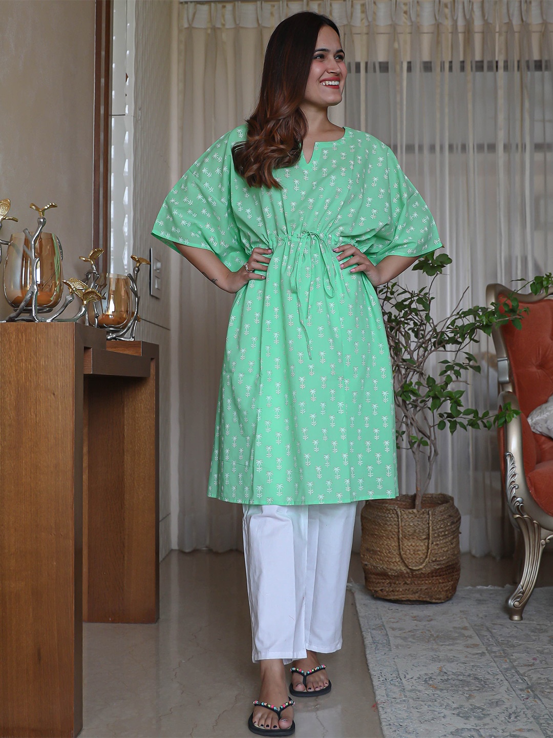 

Anouk Mirage Sea Green Quirky Printed Kaftan Pure Cotton Kurta with Trousers