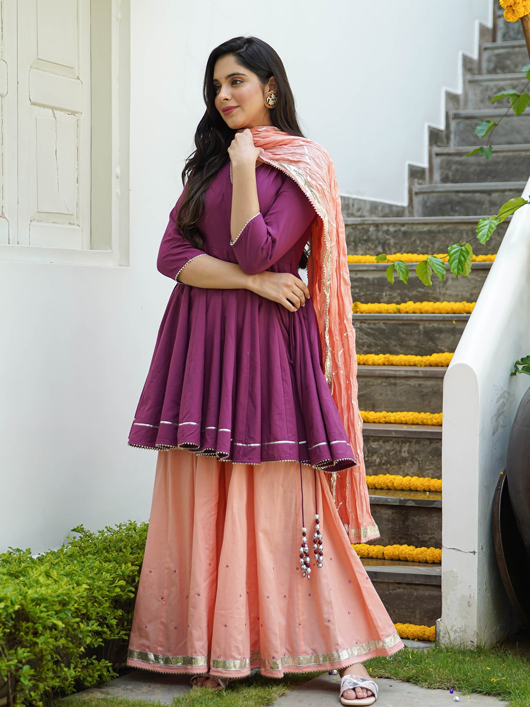 

Anouk Mirage Empire Gotta Patti Pure Cotton Kurta With Palazzos & Dupatta, Purple