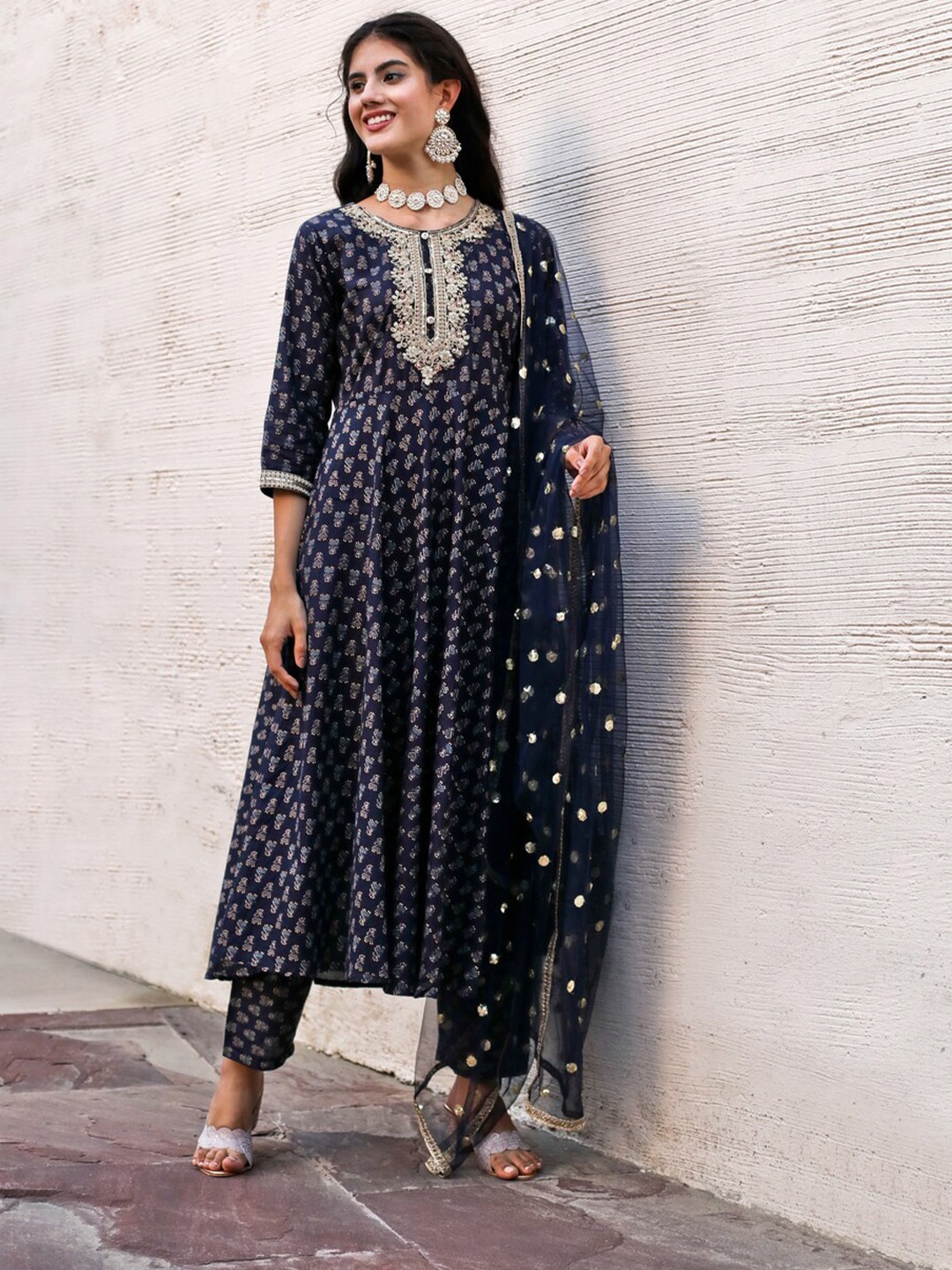 

Nayo Round Neck Ethnic Printed Thread Work Cotton Flared Kurta with Trousers & Dupatta, Navy blue