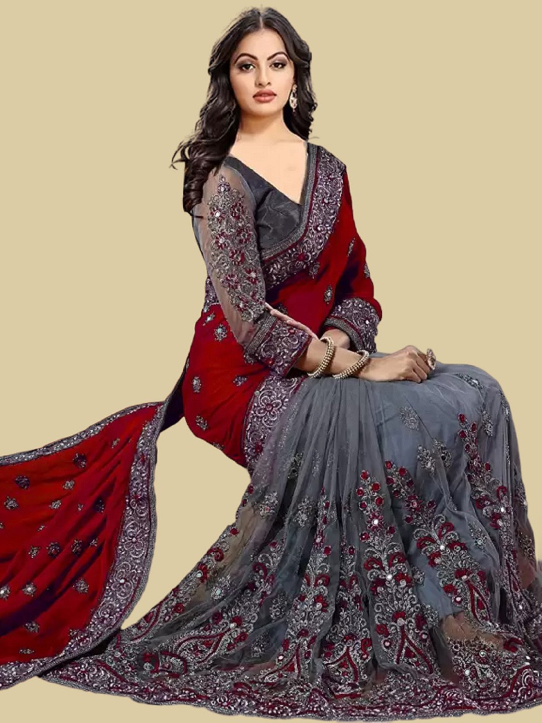 

Aika Woven Design Floral Embroidered Pure Silk Saree, Maroon
