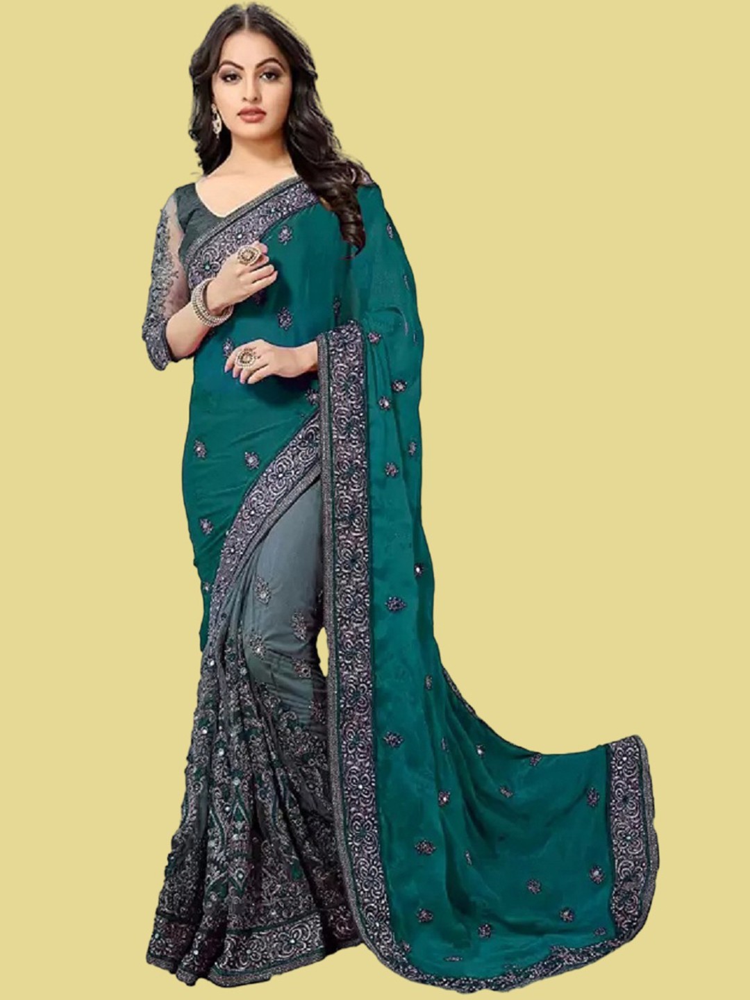 

Aika Woven Design Floral Embroidered Pure Silk Saree, Olive