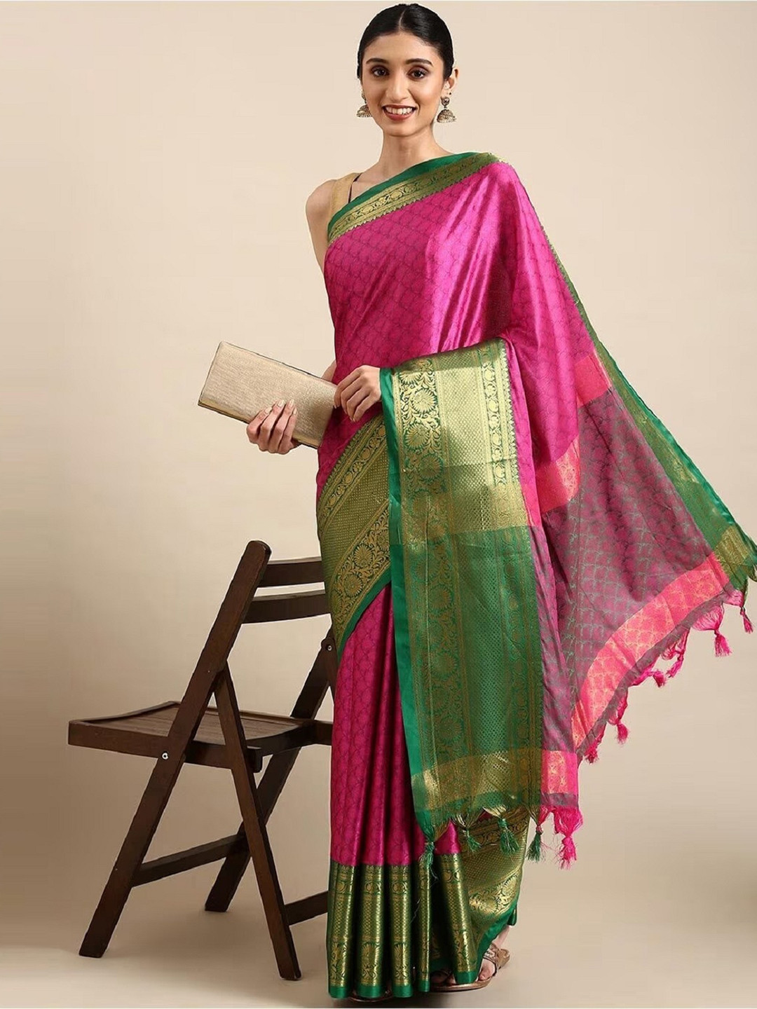 

Aika Ethnic Motifs Woven Design Zari Banarasi Saree, Pink
