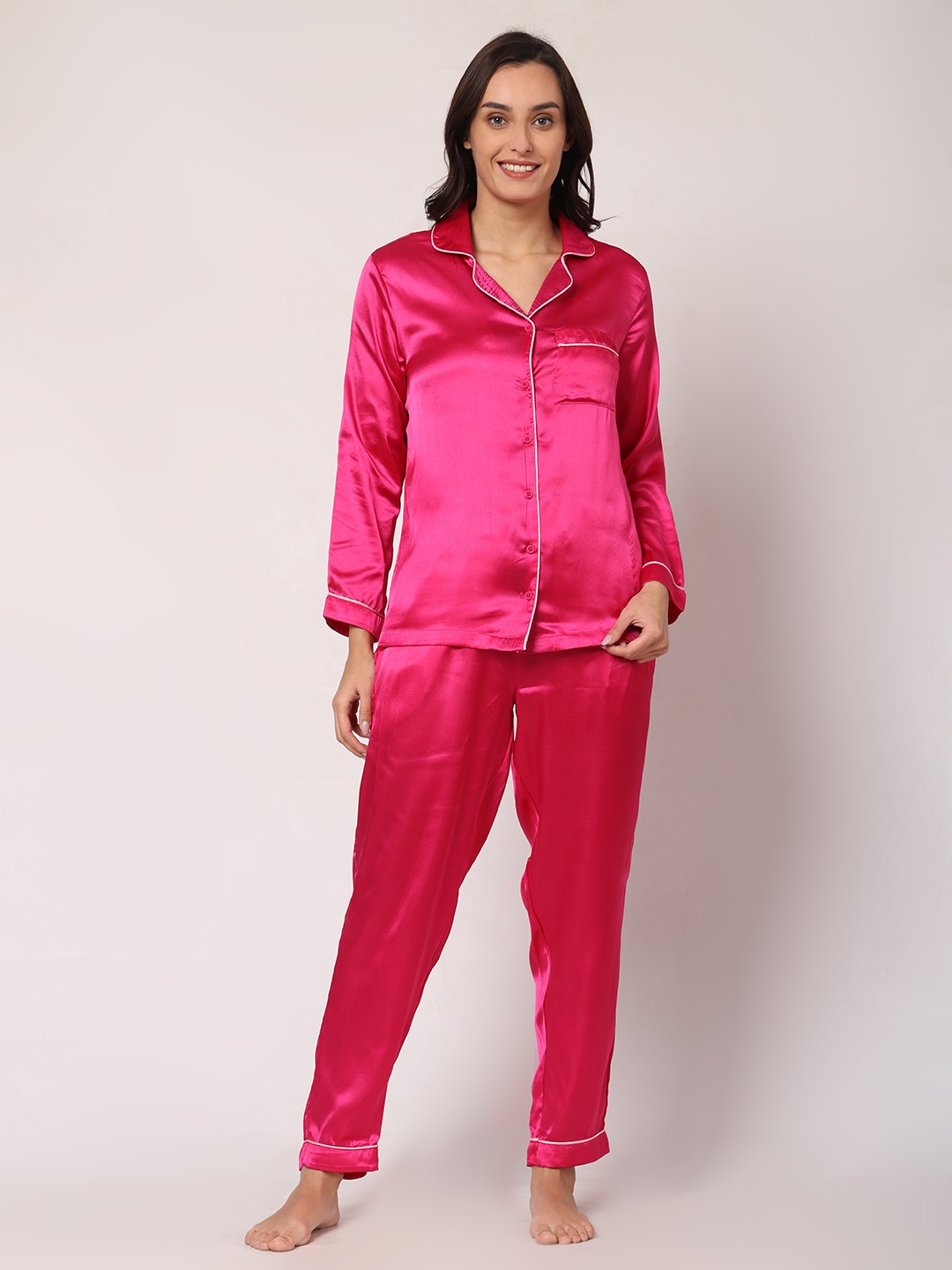 

GOCHIKKO Lapel Collar Satin Night Suit, Pink