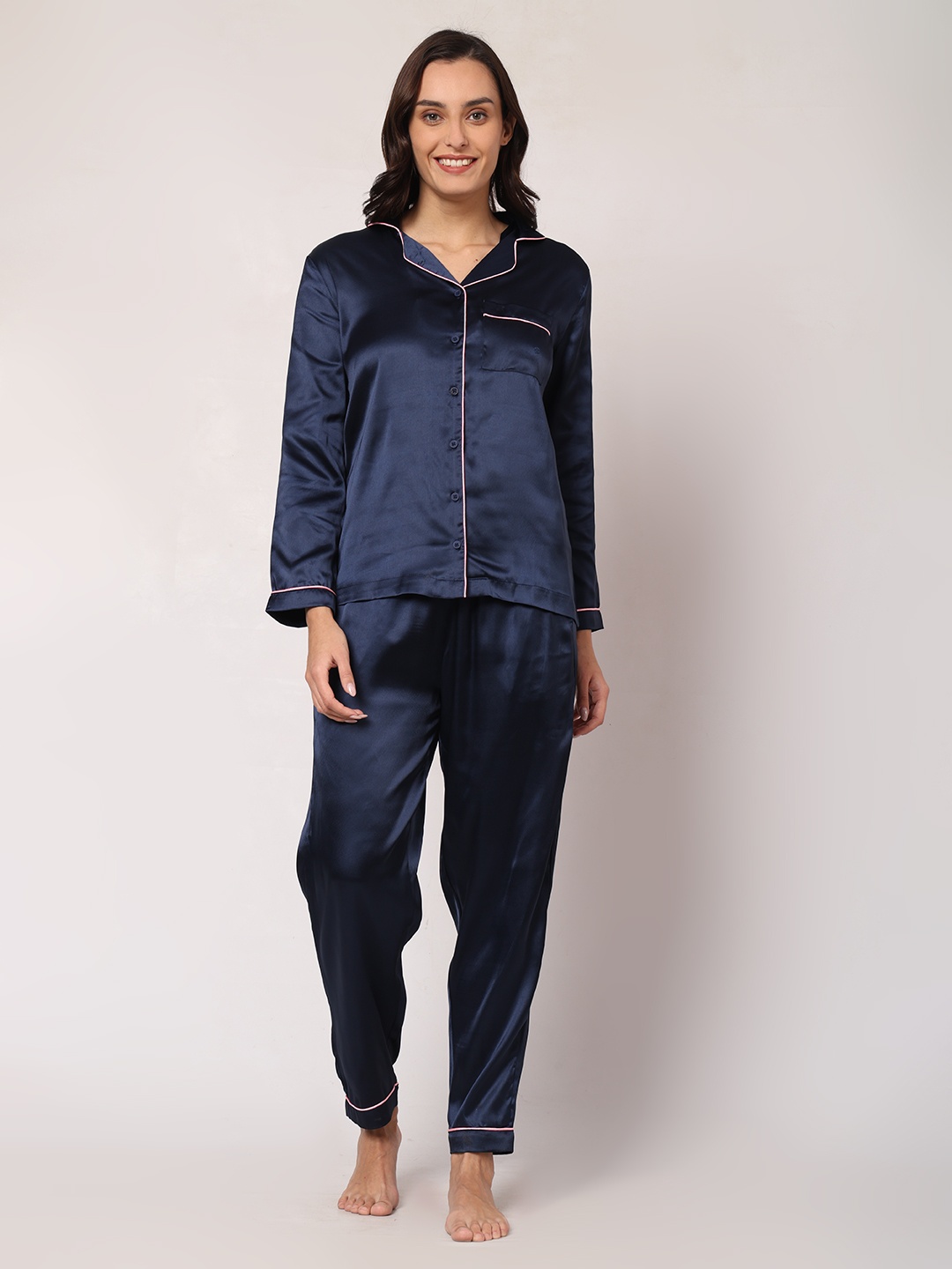 

GOCHIKKO Lapel Collar Satin Night Suit, Navy blue