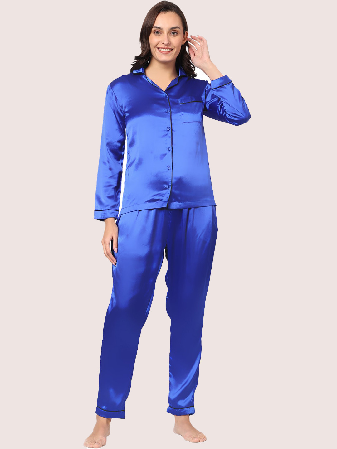 

GOCHIKKO Cuban Collar Satin Night suit, Blue