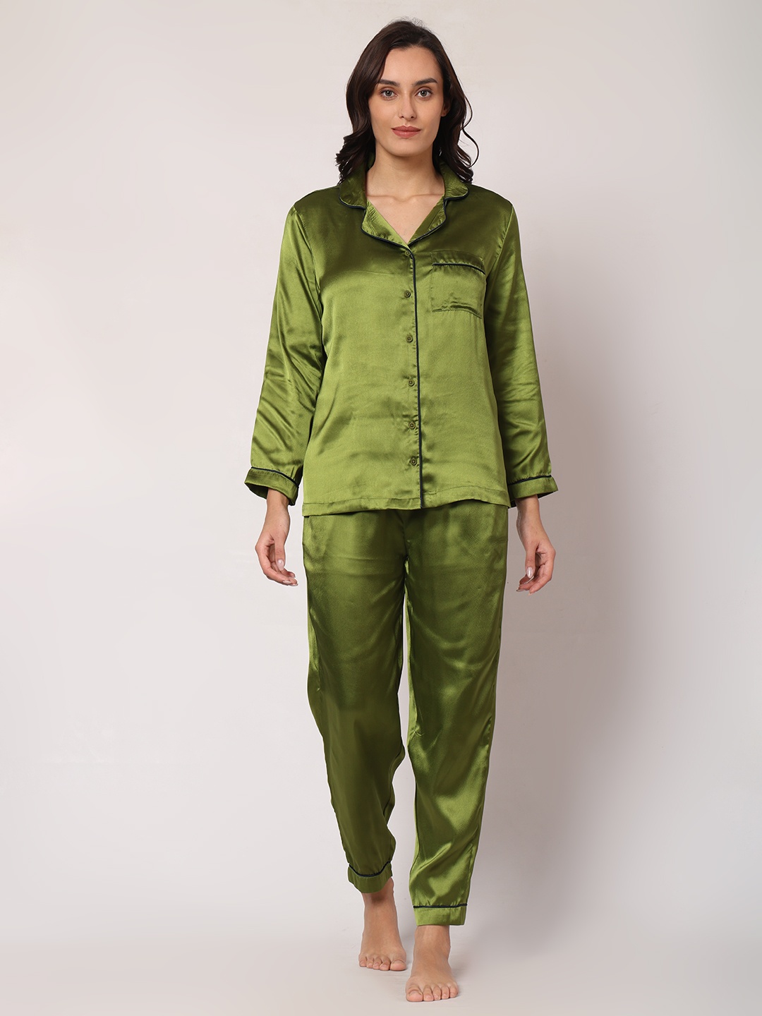 

GOCHIKKO Satin Shirt With Pyjamas, Olive