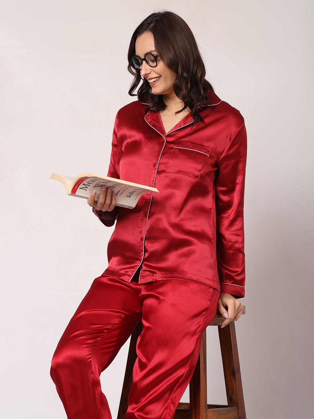 

GOCHIKKO Satin Shirt With Pyjamas, Maroon