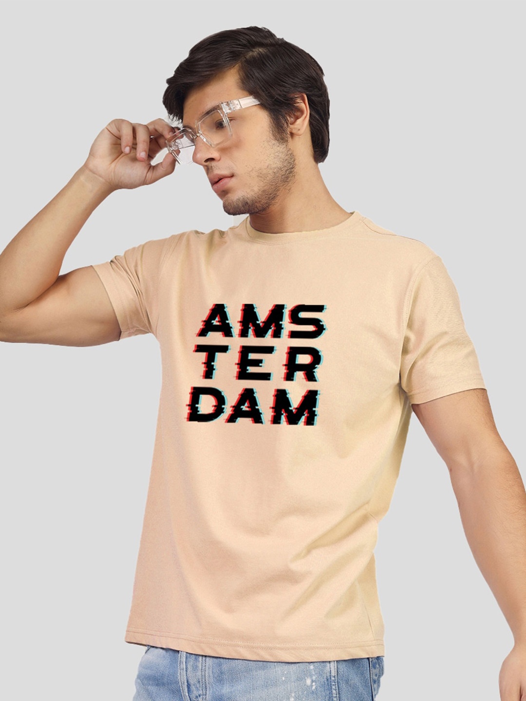 

Greylongg Typography Printed Round Neck Cotton T-shirt, Beige