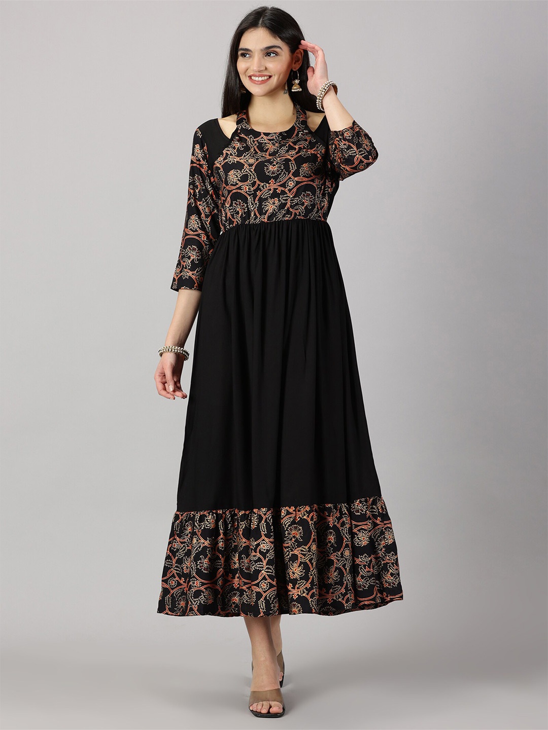

PURSHOTTAM WALA Floral Printed Cold-Shoulder Sleeves Gathered Maxi Dress, Black