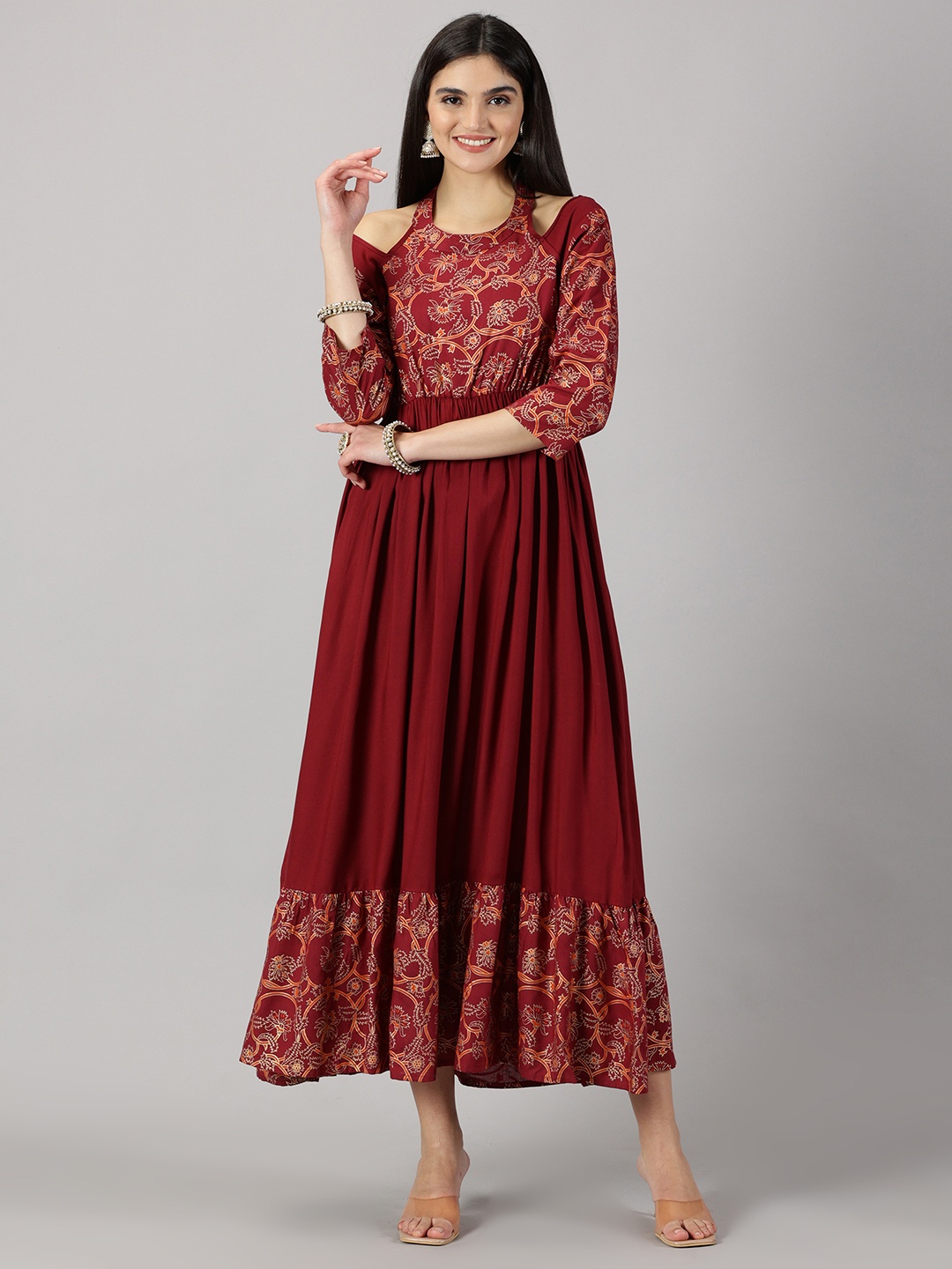 

PURSHOTTAM WALA Ethnic Motifs Print Round Neck Cold-Shoulder Party Fit & Flare Maxi Dress, Maroon