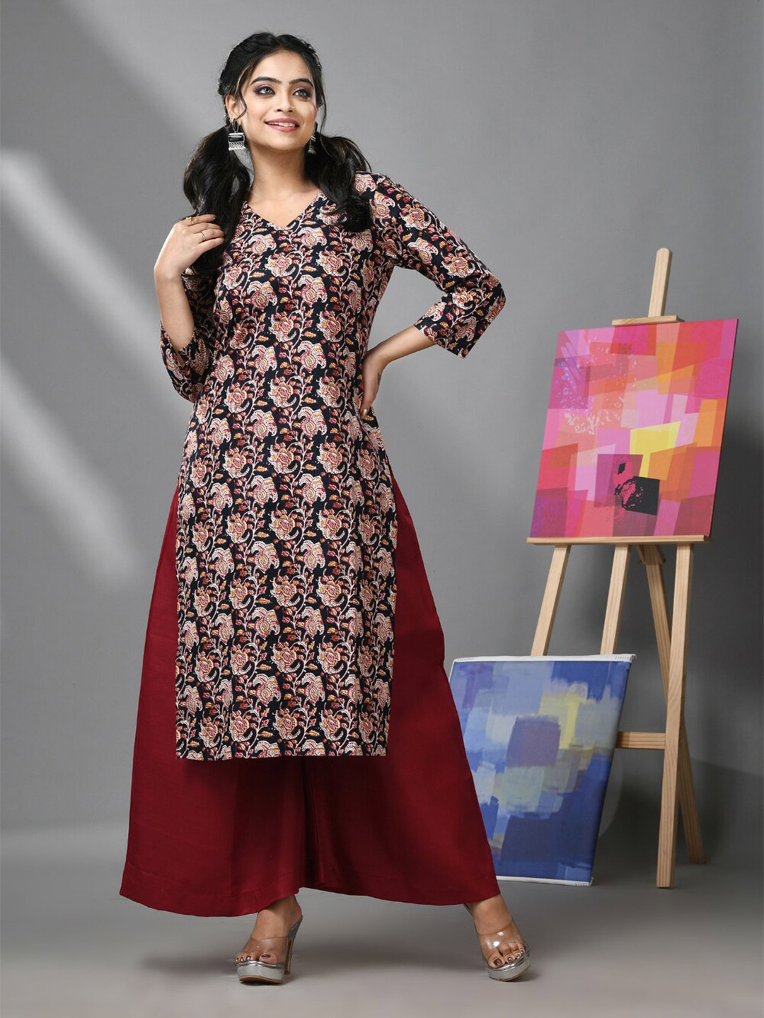 

Charukriti Women V Neck Black Floral Printed Straight Pure Cotton Kurta with Palazzos