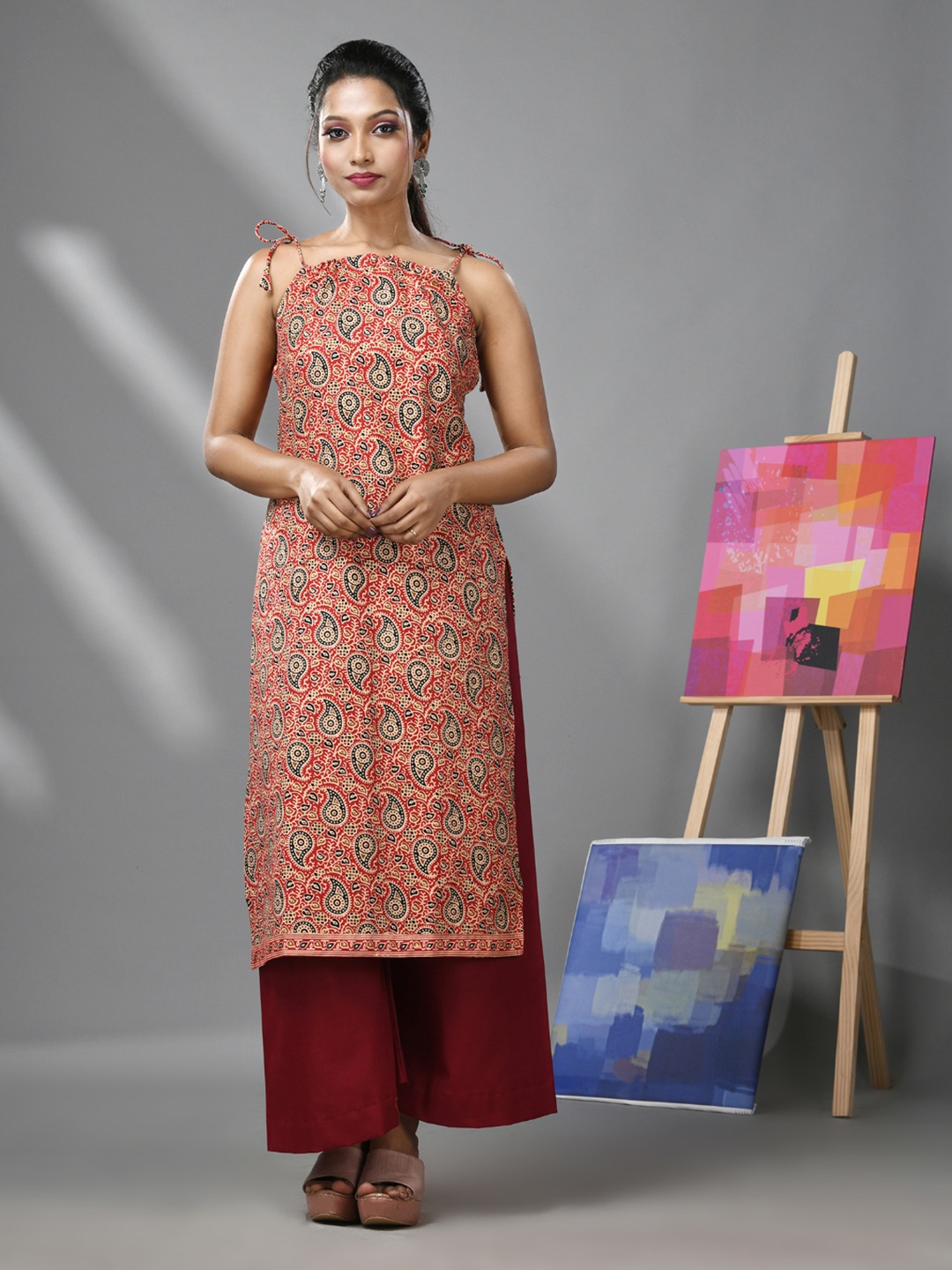 

Charukriti Paisley Printed Shoulder Straps Straight Pure Cotton Kurta with Palazzos, Red