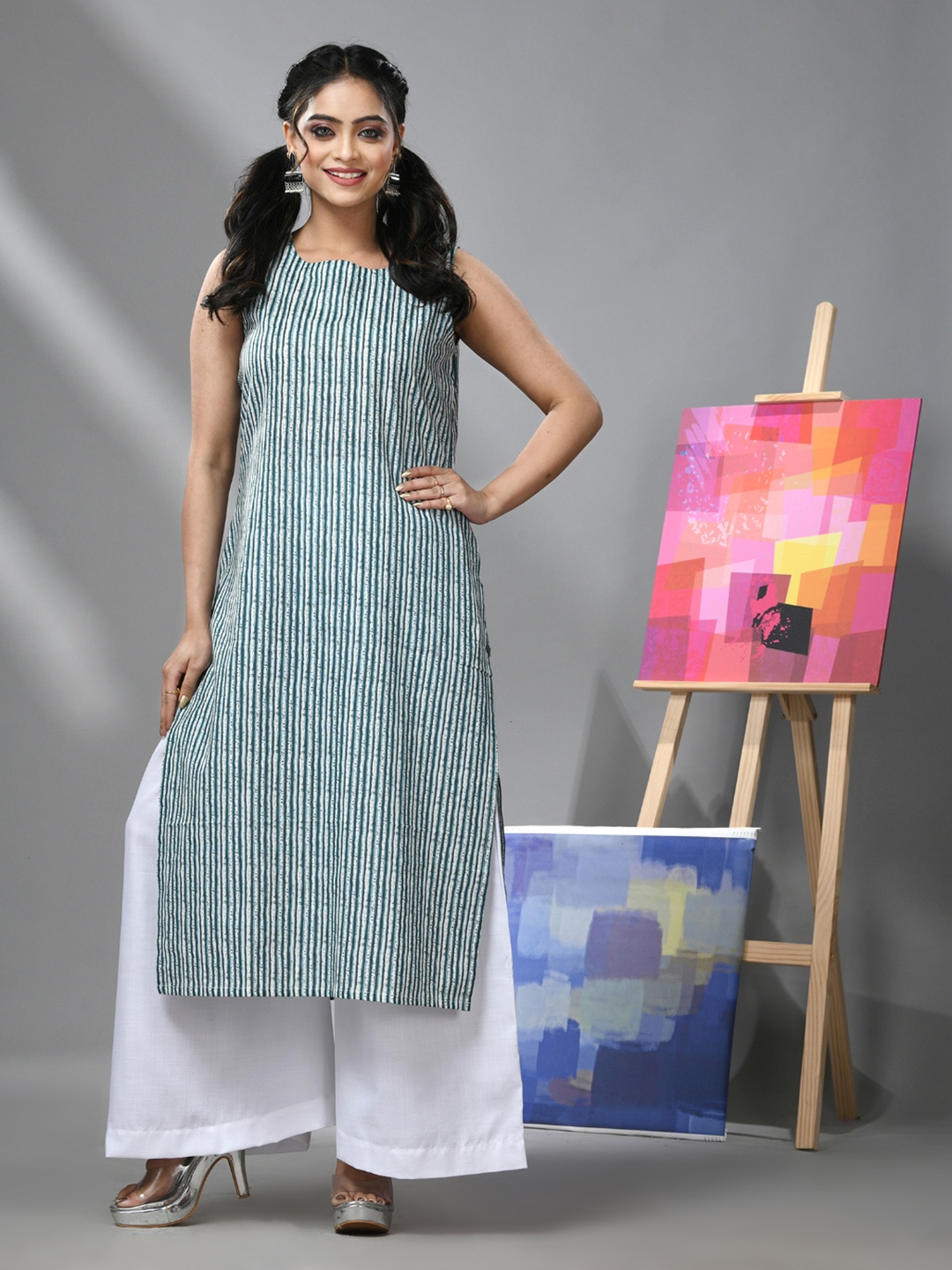 

Charukriti Striped Round Neck Sleeveless Pure Cotton Kurta with Palazzos, White