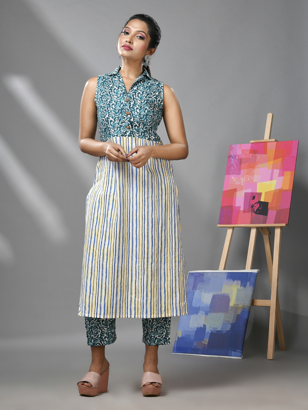 

Charukriti Striped Printed Layered Shirt Collar Straight Pure Cotton Kurta with Trouser, White