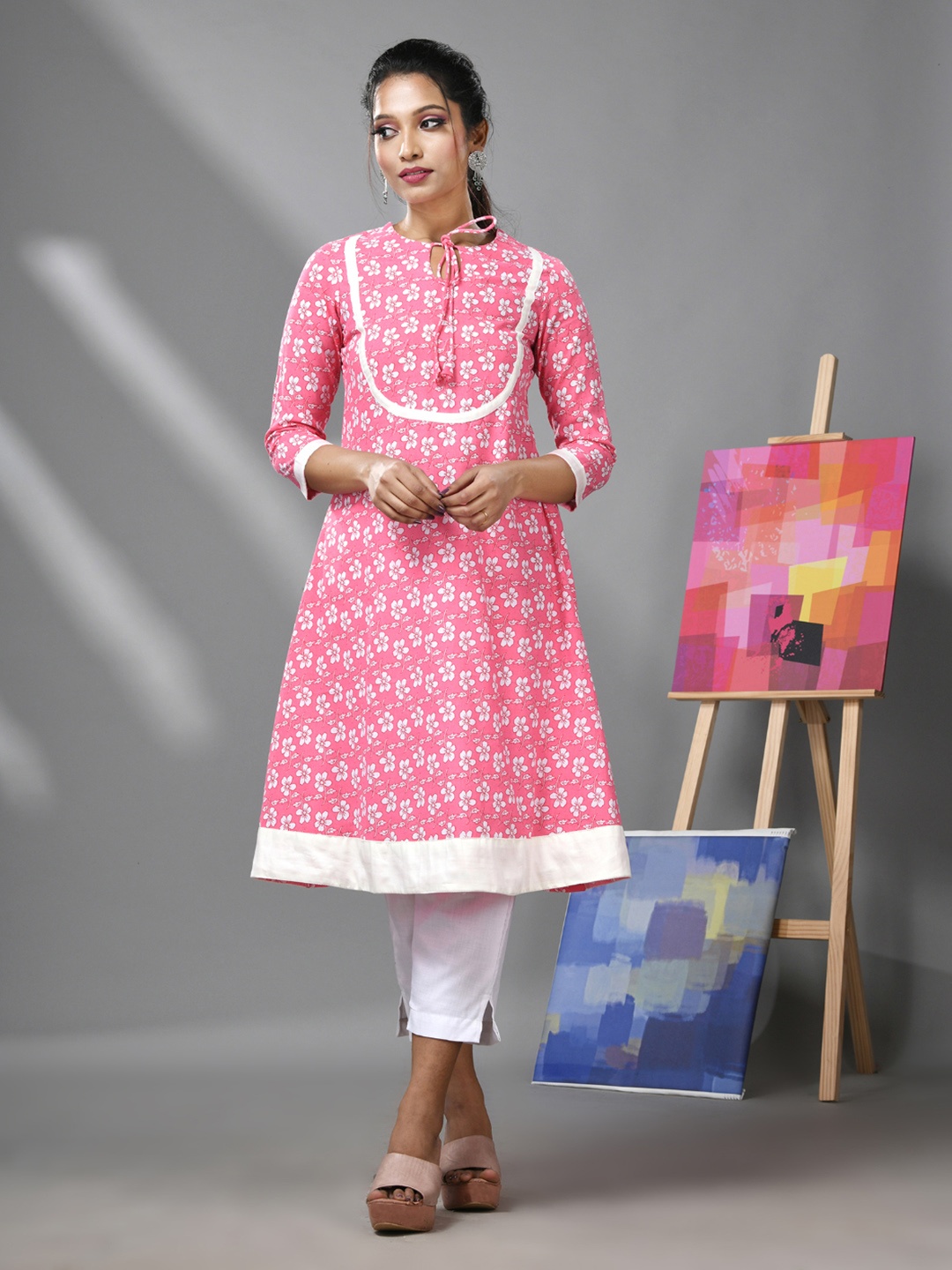 

Charukriti Floral Printed Tie Up Neck Pure Cotton Kurta with Trousers, Pink