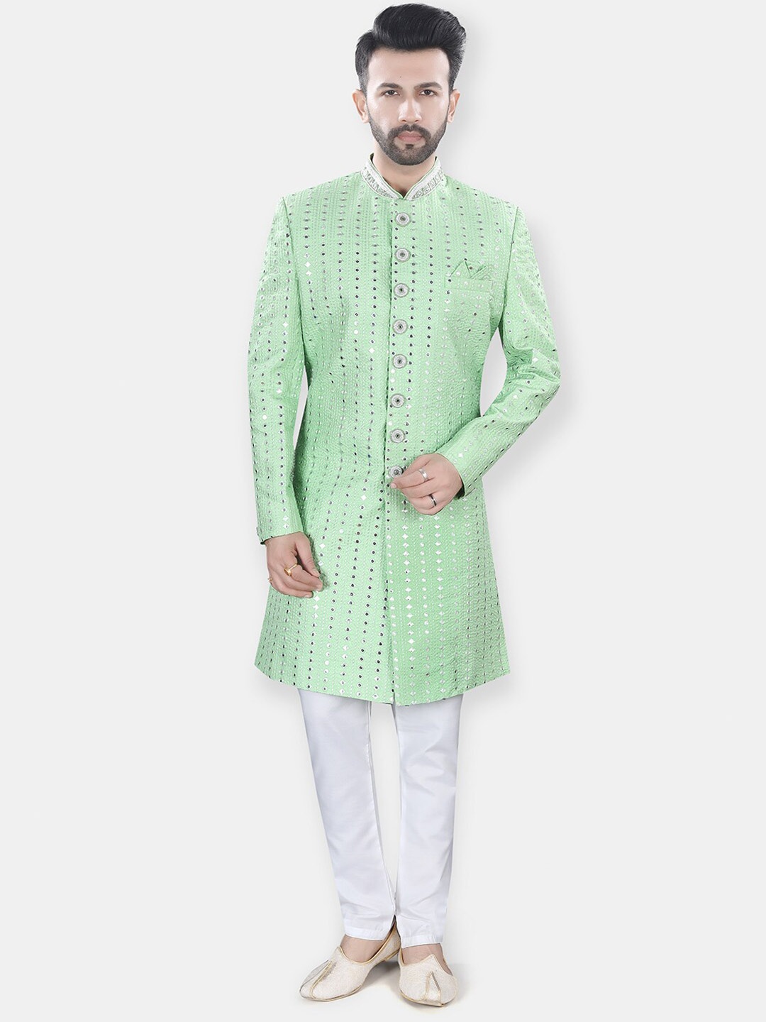 

Avaeta Self Design Embroidered Sherwani Set, Green