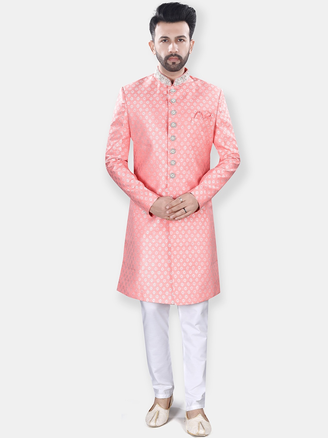 

Avaeta Ethnic Motifs Woven Design Jacquard Chanderi Silk Sherwani Set, Pink