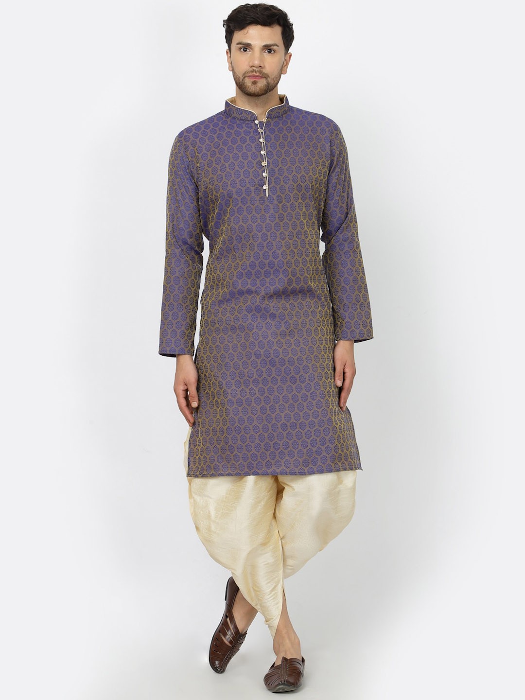 

Sydney Heights Ethnic Motifs Woven Design Mandarin Collar Straight Kurta With Dhoti Pant, Blue
