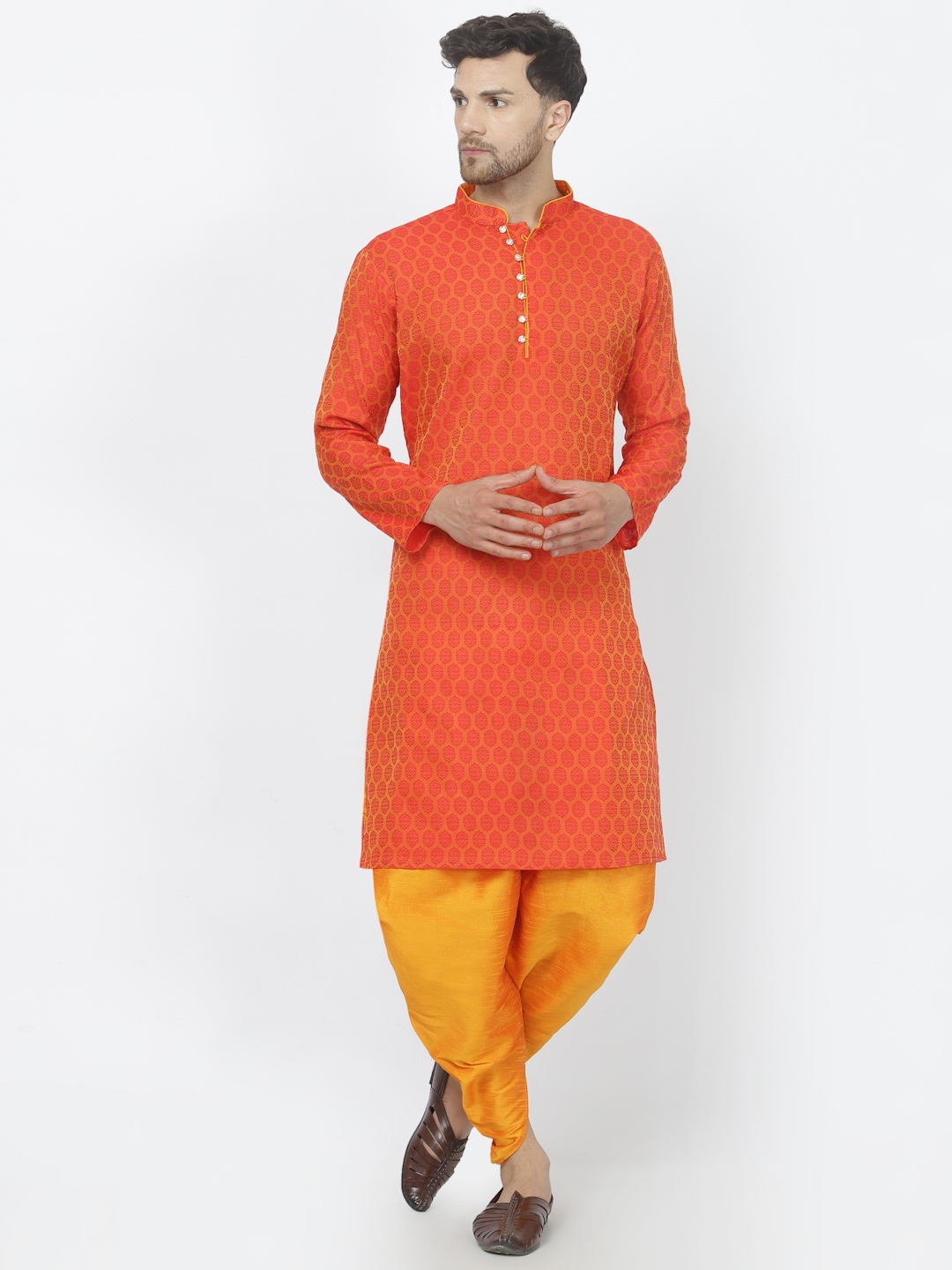 

Sydney Heights Ethnic Motifs Woven Design Mandarin Collar Straight Kurta With Dhoti Pant, Orange