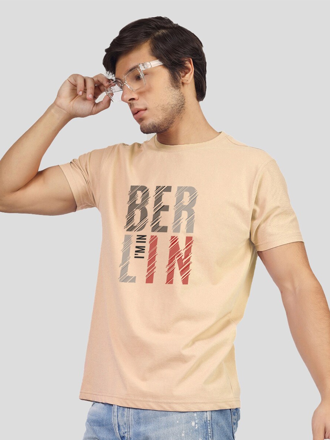 

Greylongg Printed Round Neck Short Sleeves Applique Cotton T-shirt, Beige