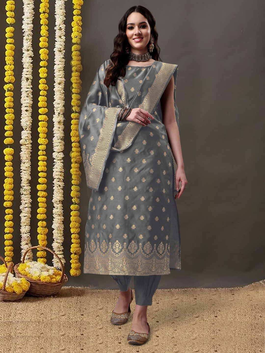 

KALINI Ethnic Motifs Woven Design Sleeveless Kurta with Salwar & With Dupatta, Grey