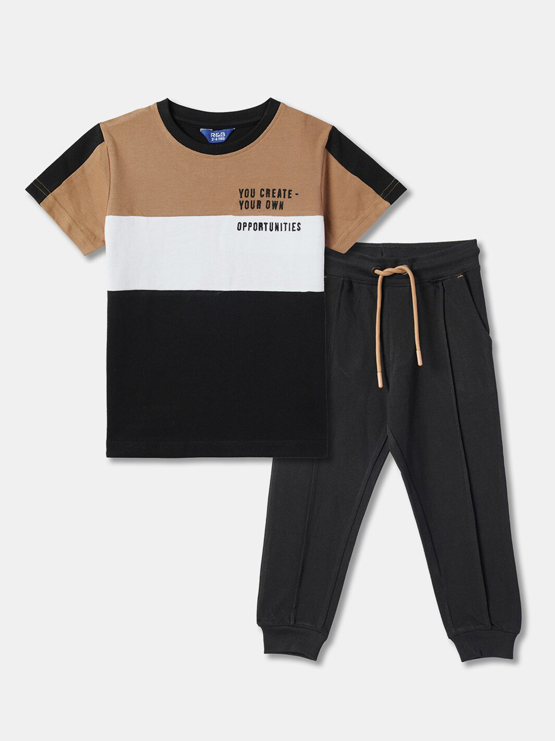 

R&B Boys Colourblocked Pure Cotton T-shirt With Trousers, Brown