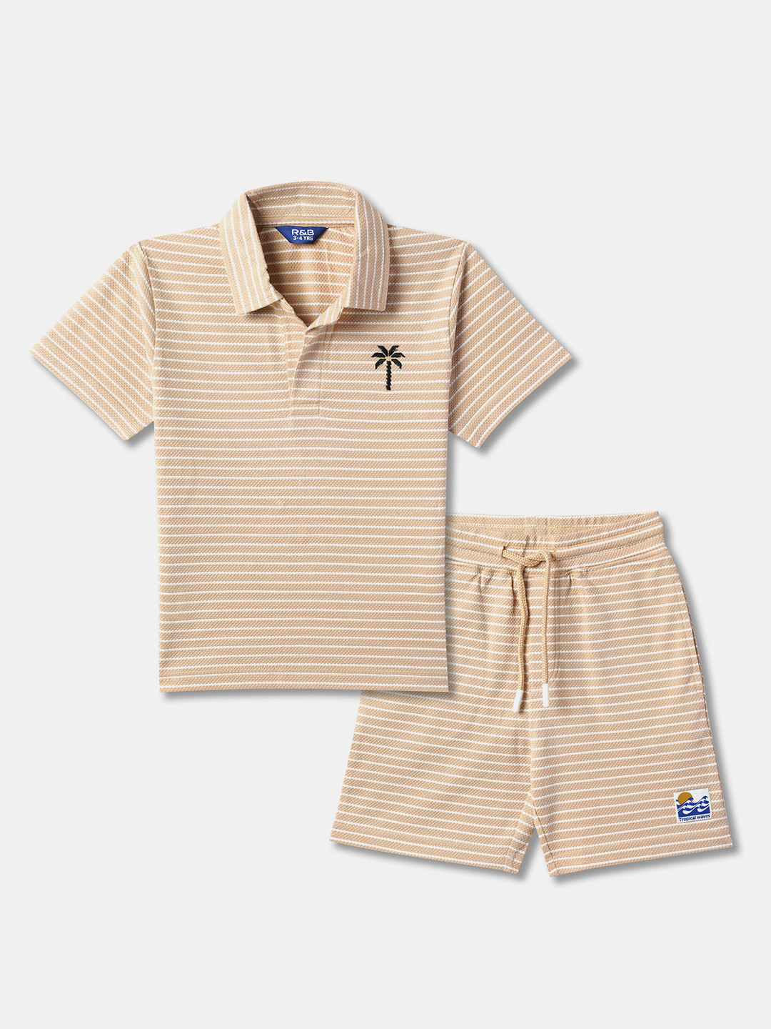 

R&B Boys Pure Cotton Striped T-shirt with Shorts, Beige