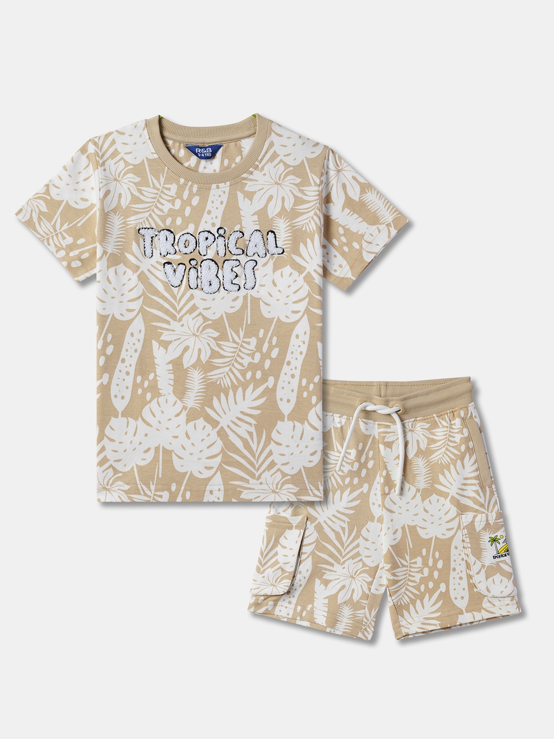 

R&B Boys Pure Cotton Printed T-shirt with Shorts, Beige