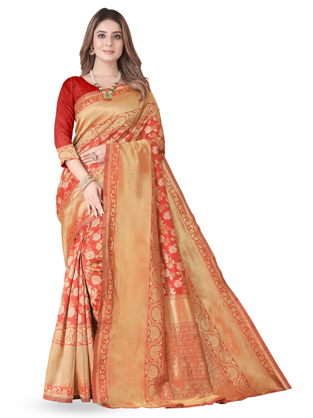 

MUKHITA Floral Woven Design Zari Banarasi Saree, Red