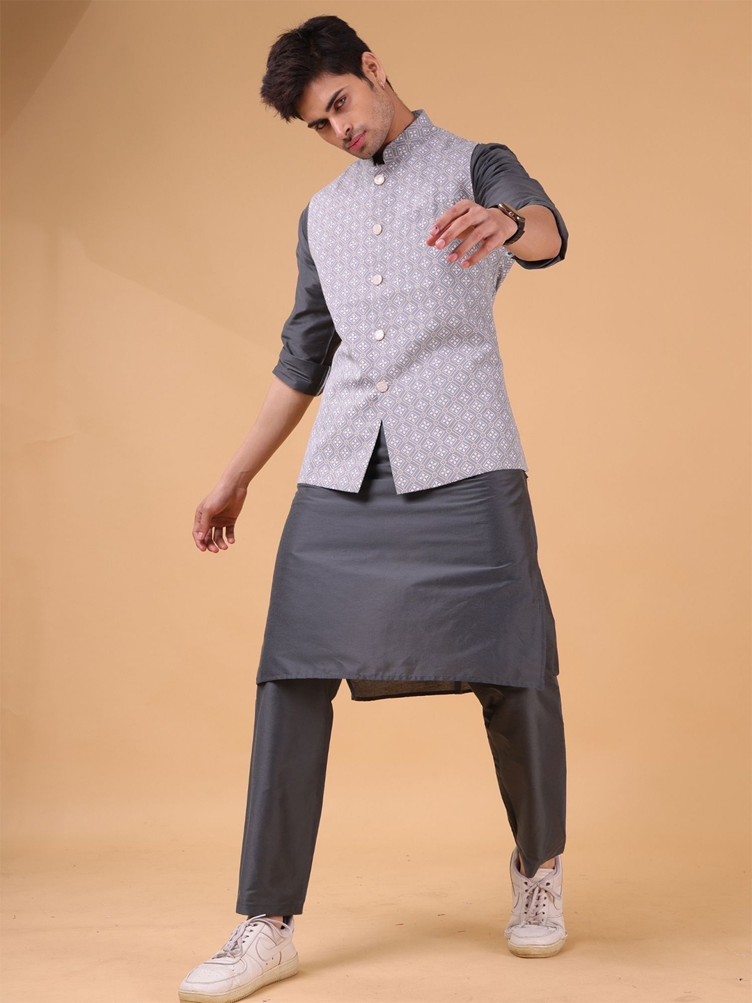 

SHIWAM ETHNIX Printed Cotton Nehru Jackets, Grey