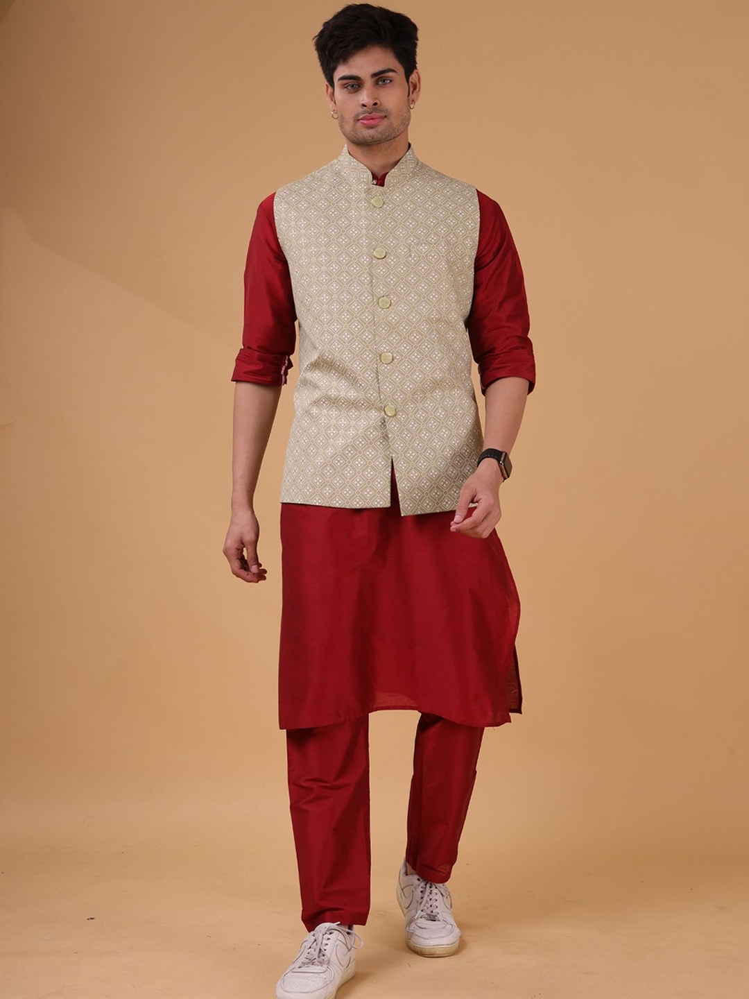 

SHIWAM ETHNIX Printed Cotton Linen Nehru Jacket, Khaki