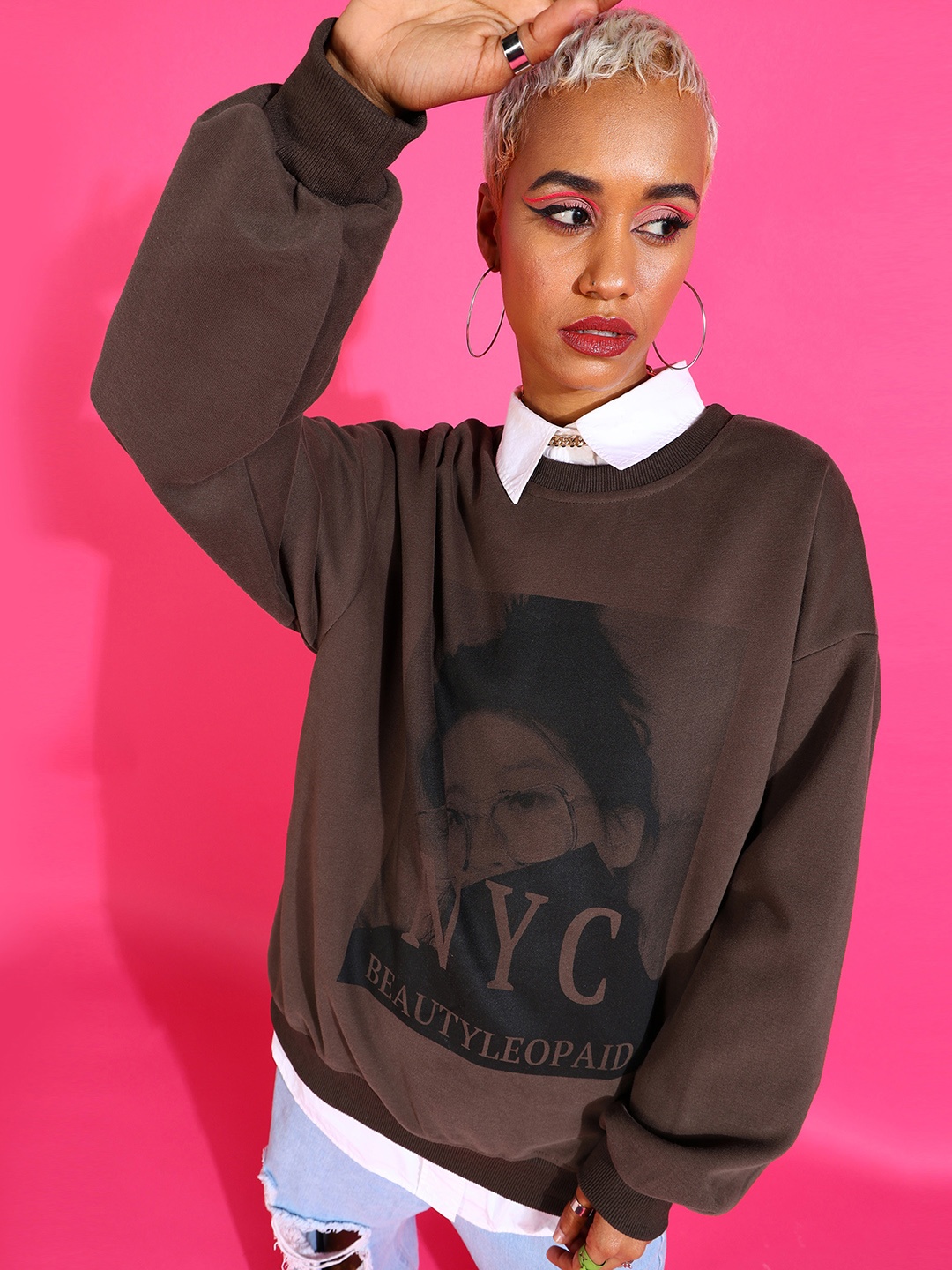 

SHECZZAR Brown Graphic Printed Round Neck Oversized Cotton Sweatshirts