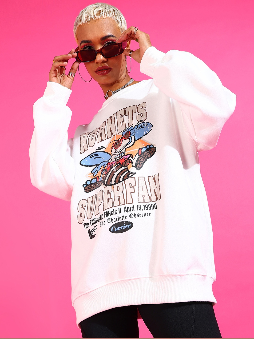 

SHECZZAR White Graphic Printed Round Neck Oversized Cotton Sweatshirts