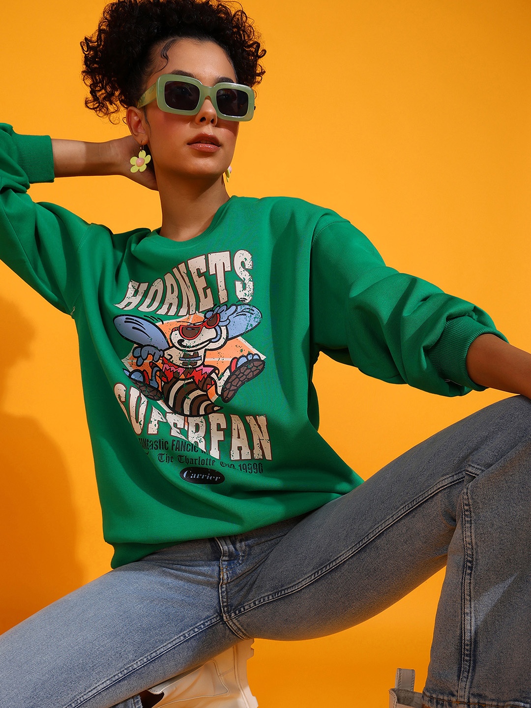 

SHECZZAR Green Typography Printed Round Neck Cotton Sweatshirts