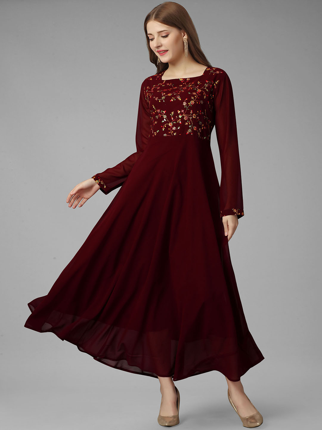 

SIDYAL Floral Embroidered Square Neck Georgette Casual Fit & Flare Maxi Dress, Maroon