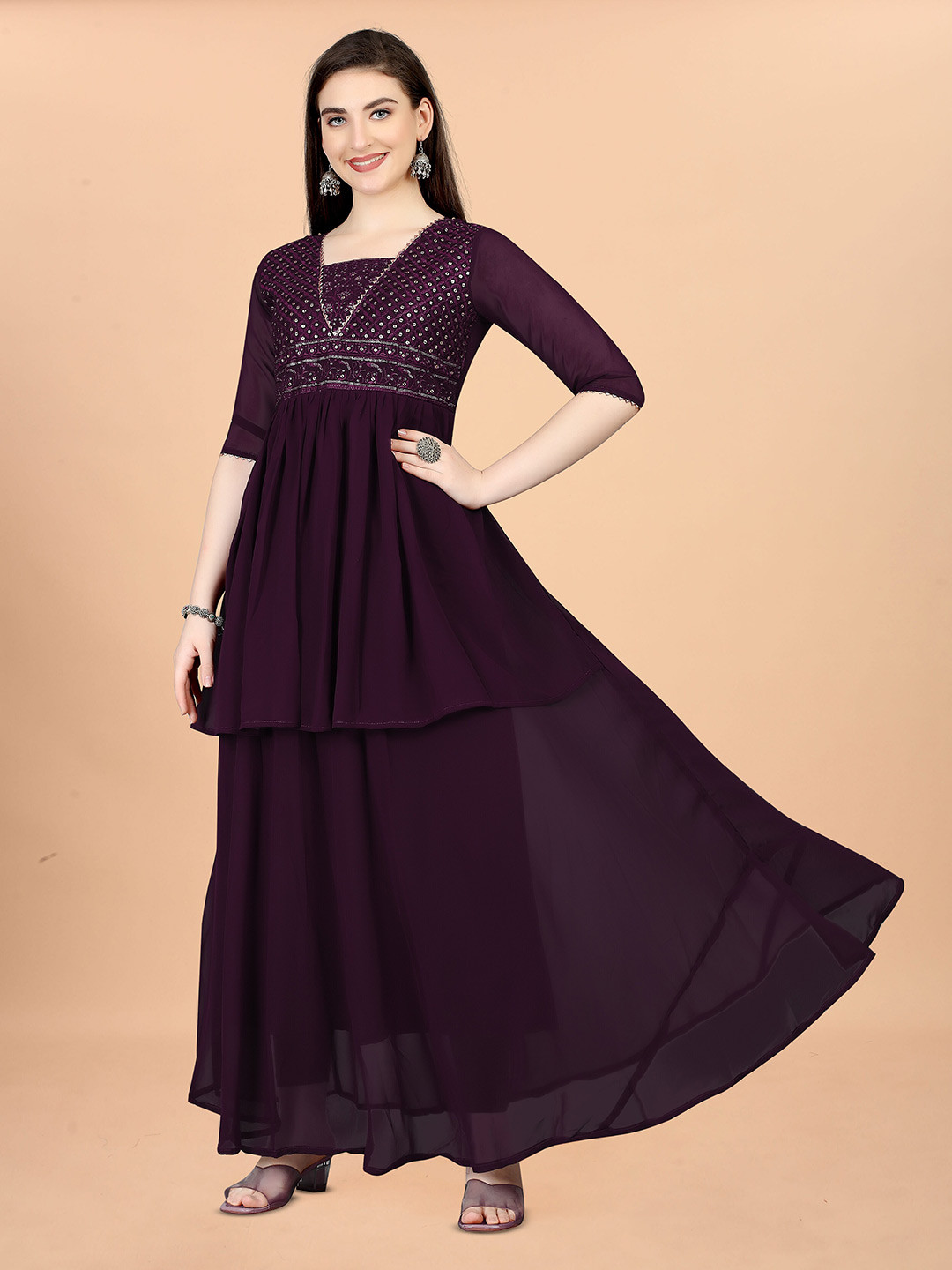 

SIDYAL Sequinned Embellished Georgette Fit & Flare Dress, Purple