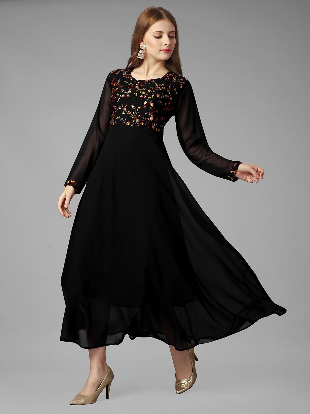 

SIDYAL Puff Sleeve Georgette Maxi Dress, Black