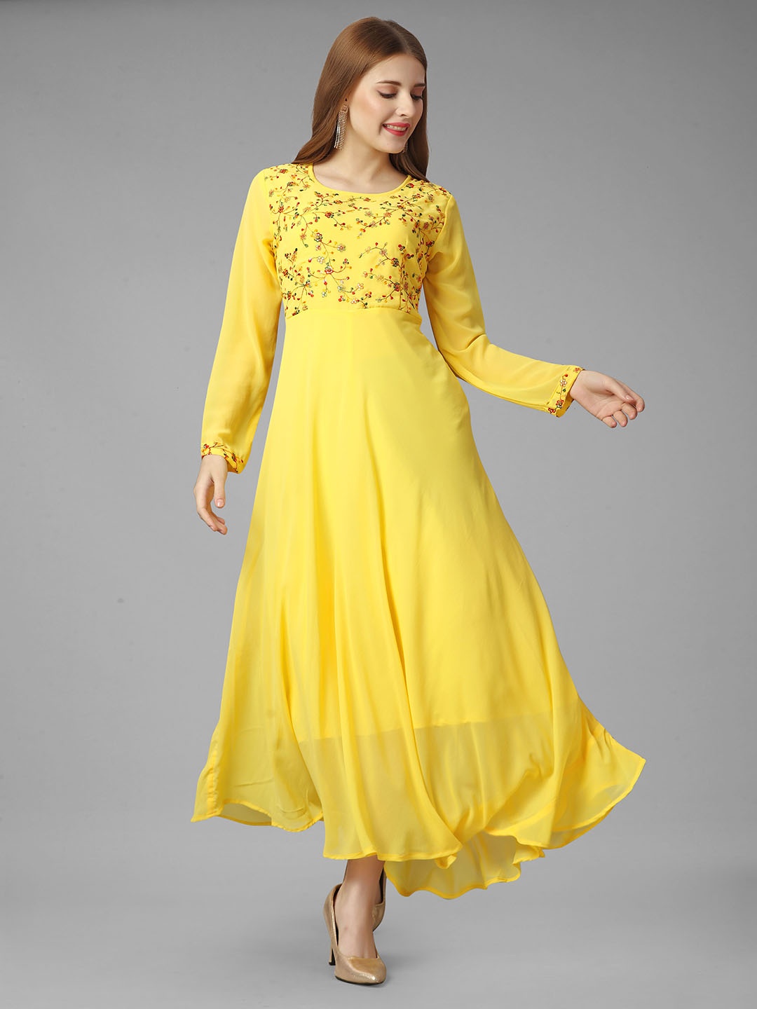 

SIDYAL Puff Sleeve Georgette Maxi Dress, Yellow
