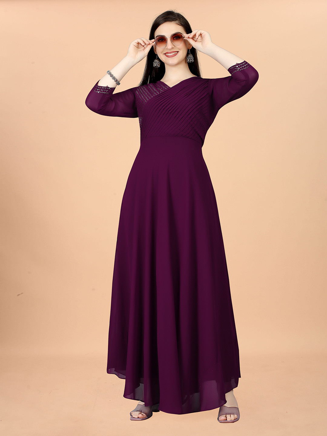 

SIDYAL Embellished V-Neck Sequined Georgette Casual Fit & Flare Maxi Dress, Purple