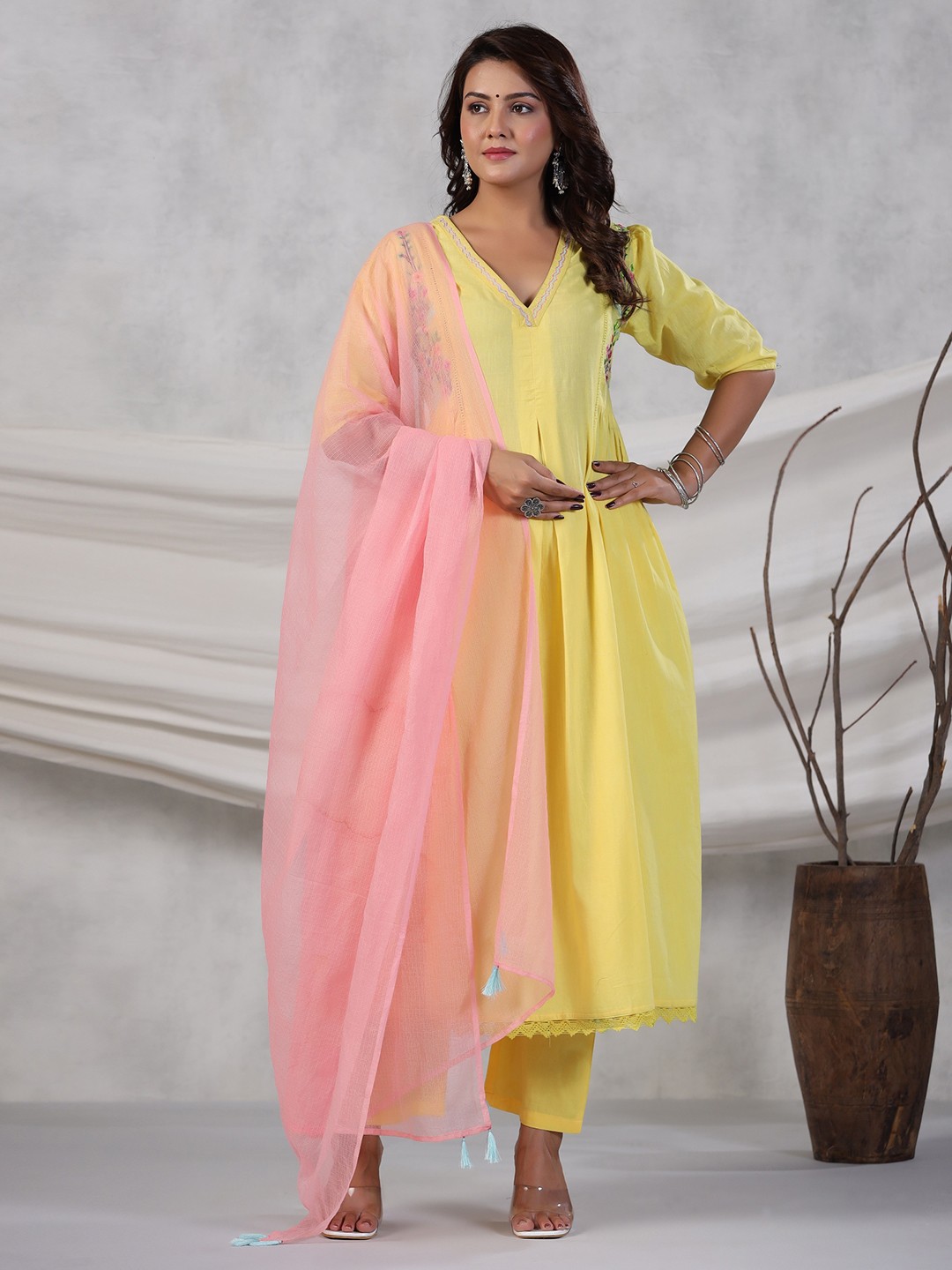 

Rangeelo Pleated Pure Cotton Kurta with Trousers & Dupatta, Yellow