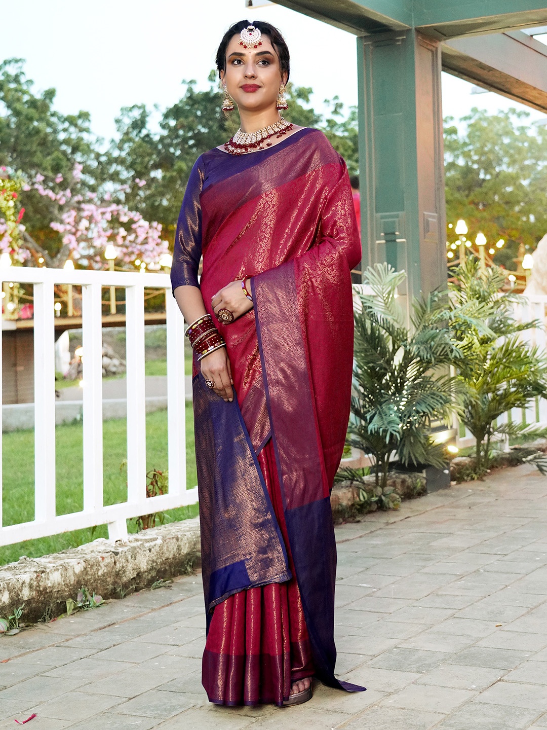 

Anouk Fuchsia & Blue Woven Design Floral Zari Art Silk Kanjeevaram Saree