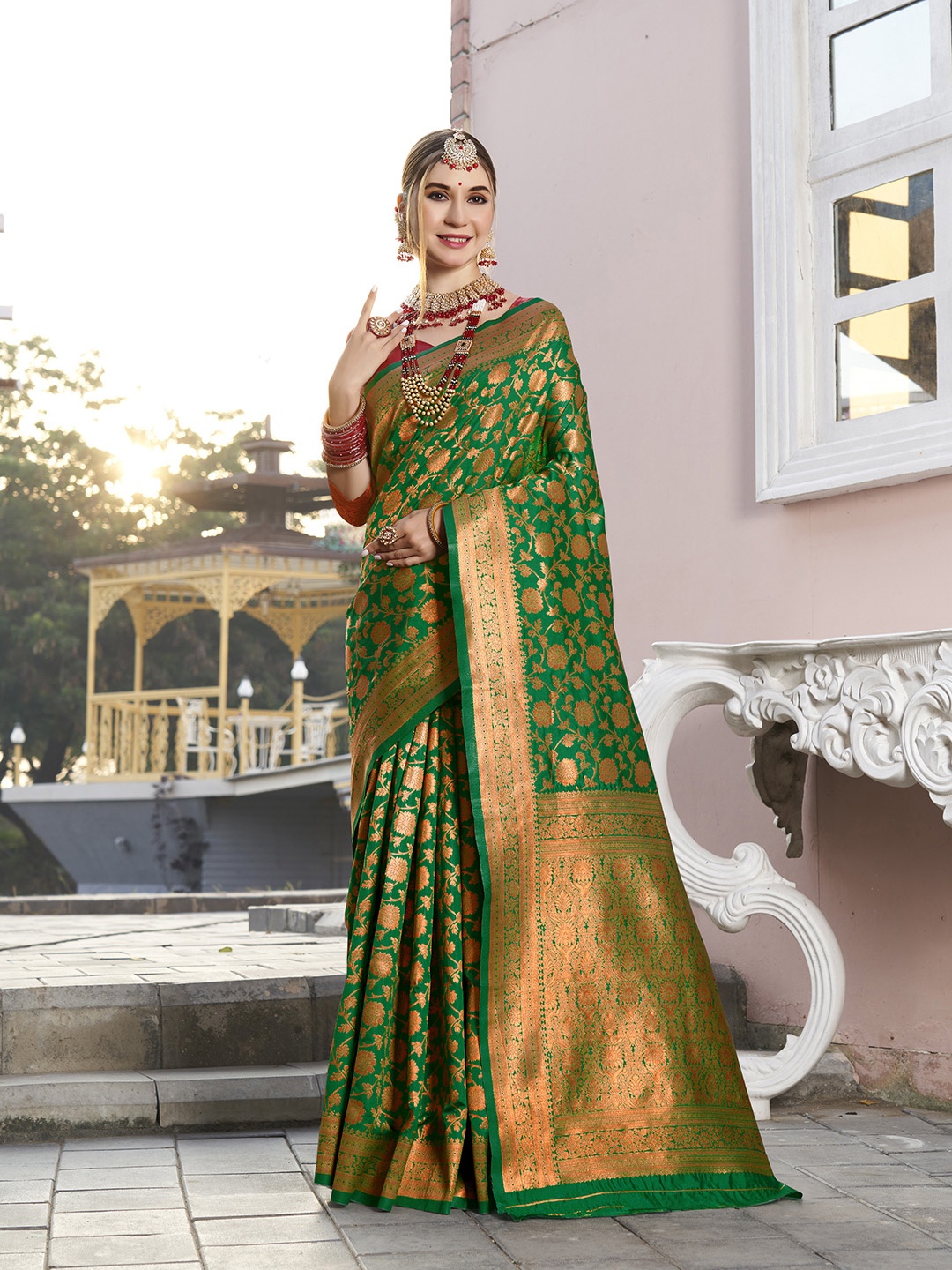 

Anouk Green & Gold Toned Woven Design Floral Zari Art Silk Banarasi Saree