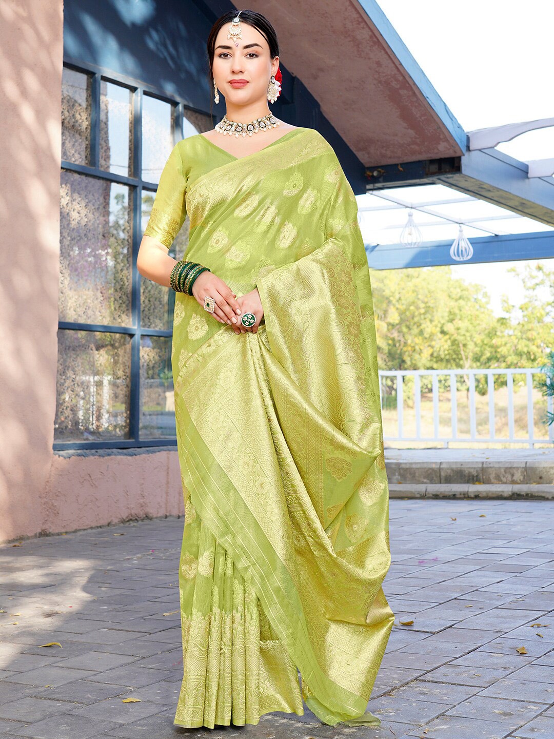 

Anouk Woven Design Floral Printed Zari Art Silk Saree, Lime green